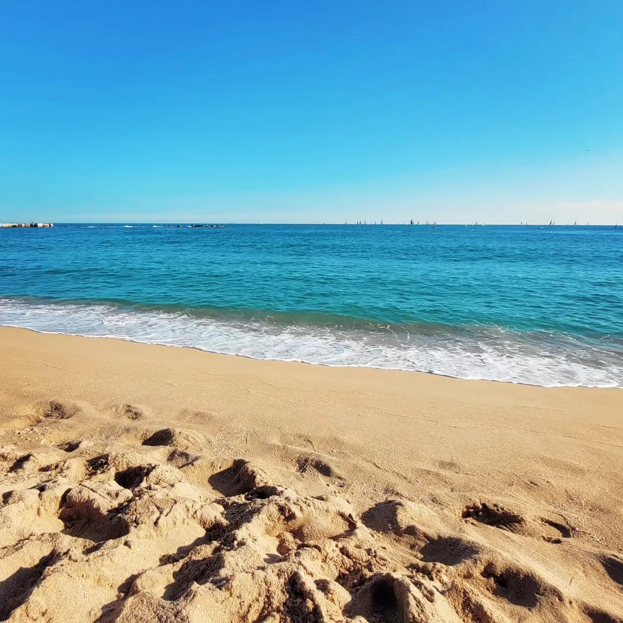 Golden beach sand with footprints, small waves, and a line of sailboats on the horizon