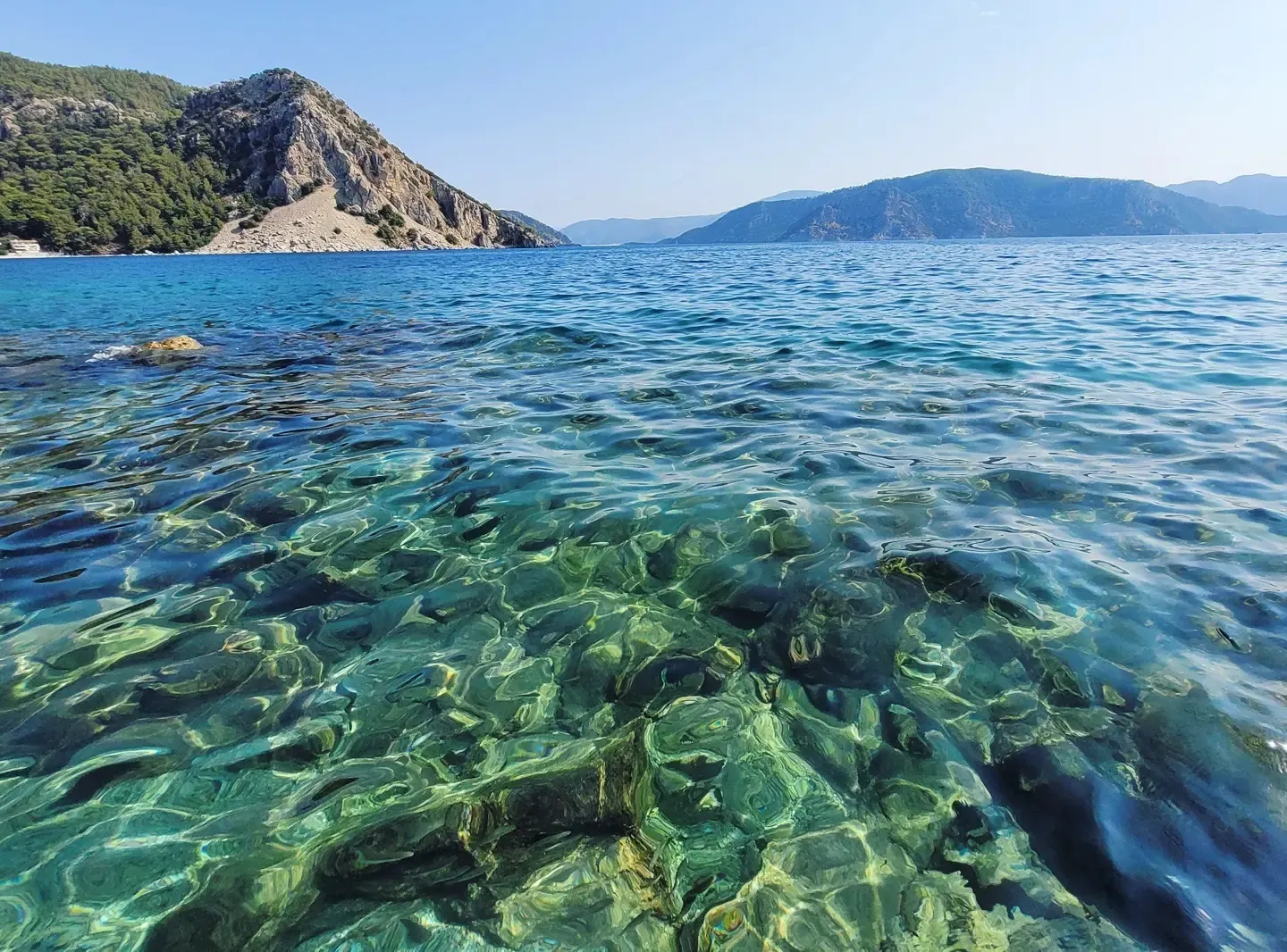 Crystal-clear shallows over green rocks with pine-covered headlands across the bay