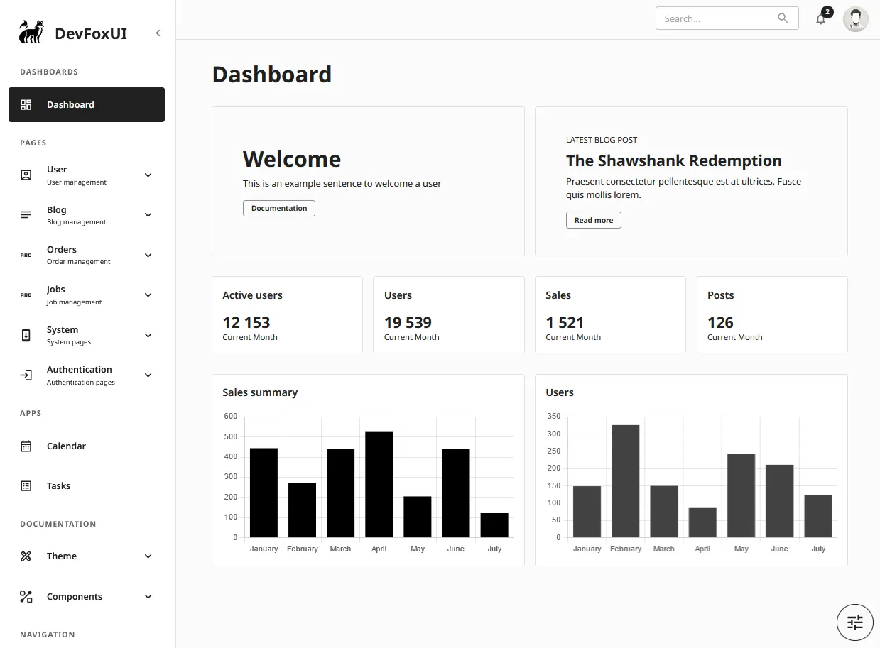 DevFoxUI dashboard screenshot with navigation sidebar, stat cards, and charts