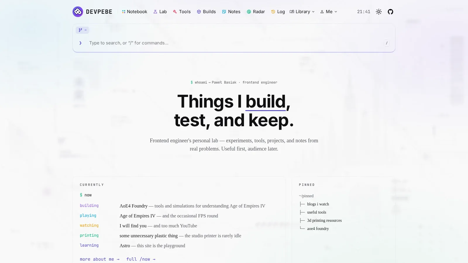 The Devpebe homepage — OS-shell navigation, command prompt, and the "Things I build, test, and keep" masthead
