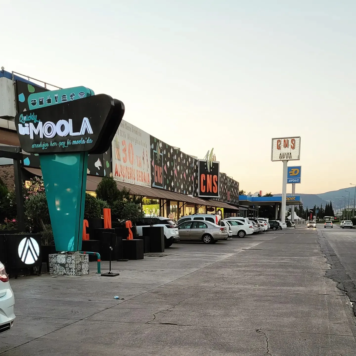 Roadside rest stop at dusk with neon shop signs, parked cars, and mountains in the distance