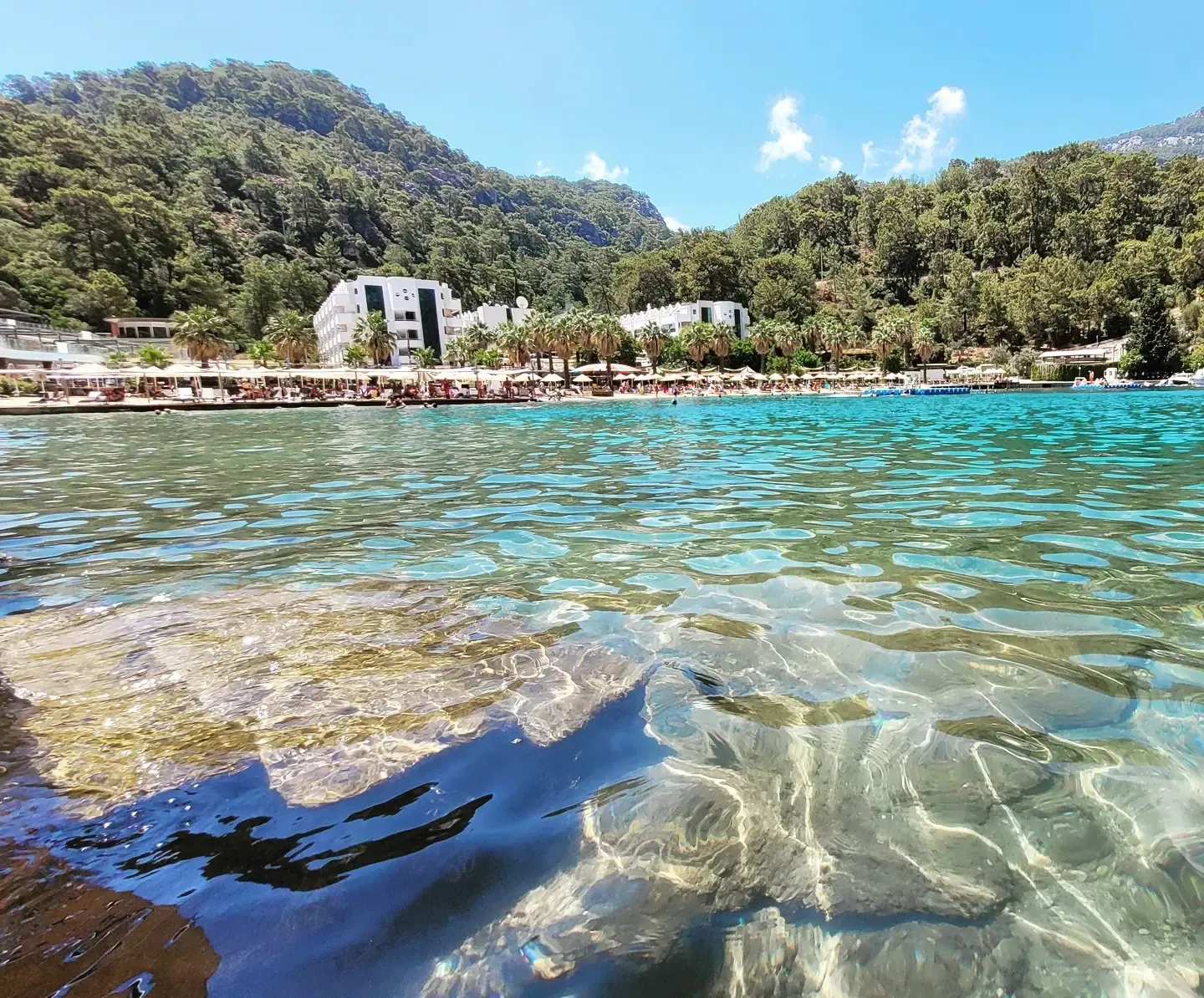 Beach bay with white hotel buildings and umbrellas below steep pine-forested mountains, shot from the water